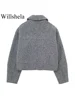 Willshela Women Fashion With Pockets Grey Front Zipper Jackets Vintage Lapel Neck Long Sleeves Female Chic Lady Outfits 3