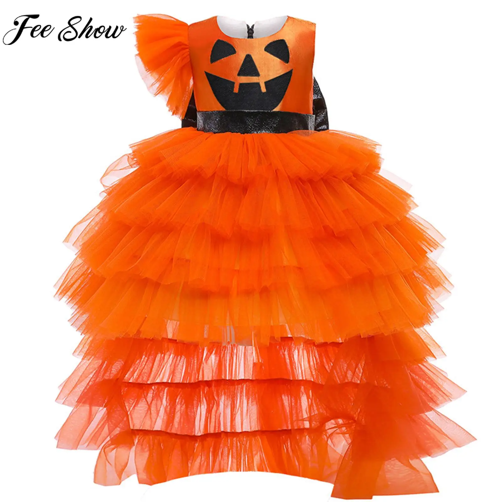 

Children Girls Halloween Pumpkin Dress Bowknot Hi-lo Hem Layered Mesh Tutu Princess Dreses Theme Party Carnival Cosplay Costume