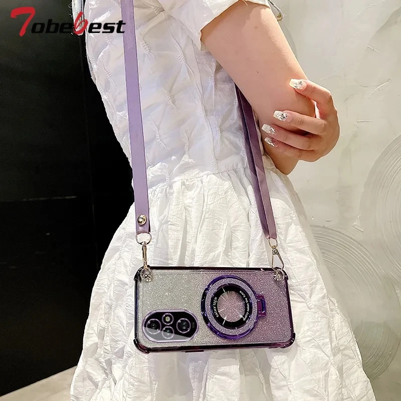 Crossbody Lanyard Glitter Plating Shockproof Phone Case with MagSafe Holder