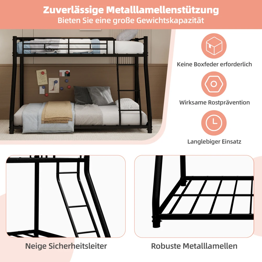 90 x 190 cm großes Etagenbett aus Metall, Bettrahmen, Twin-Over-Etagenbett mit Leiter und Ganzkörperbalkon für junge Erwachsene, geräuschfrei – Detail 9