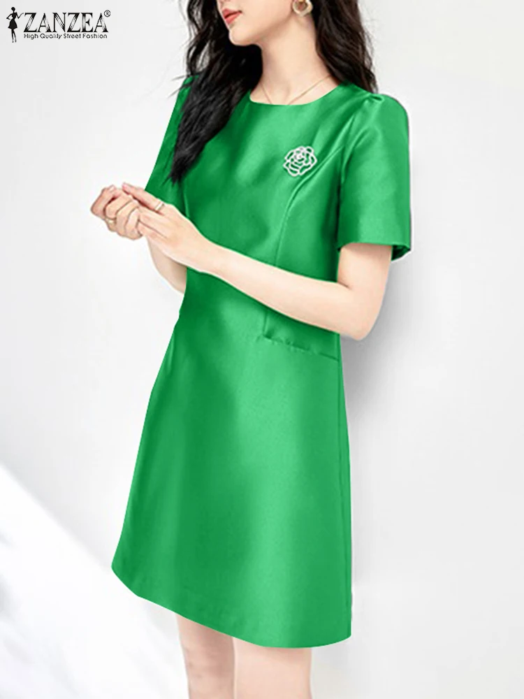 

ZANZEA 2024 Summer Solid Color A-line Sundress Women Short Sleeve Satin Elegant Party Dress Brooch Fashion Knee-length Vestidos