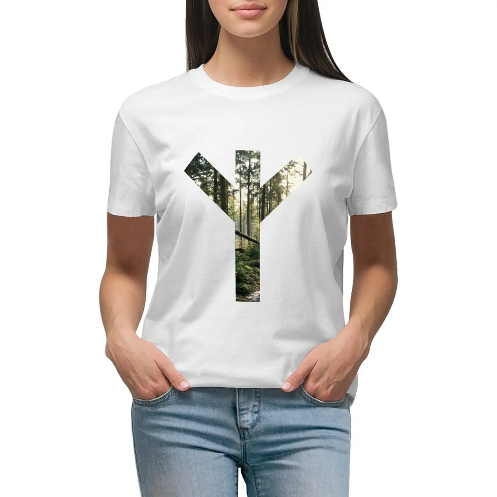 

Algiz Forest Rune Symbol T-shirt Female clothing Short sleeve tee kawaii clothes t-shirts for Women loose fit