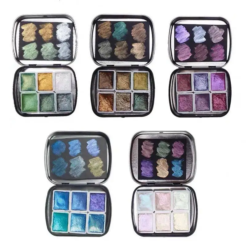 POEZIE 6 Colors Solid Metallic Watercolor Paint Set 2ml Glitter Water Color With Tin Box For Painting Aquarela Art Supplies