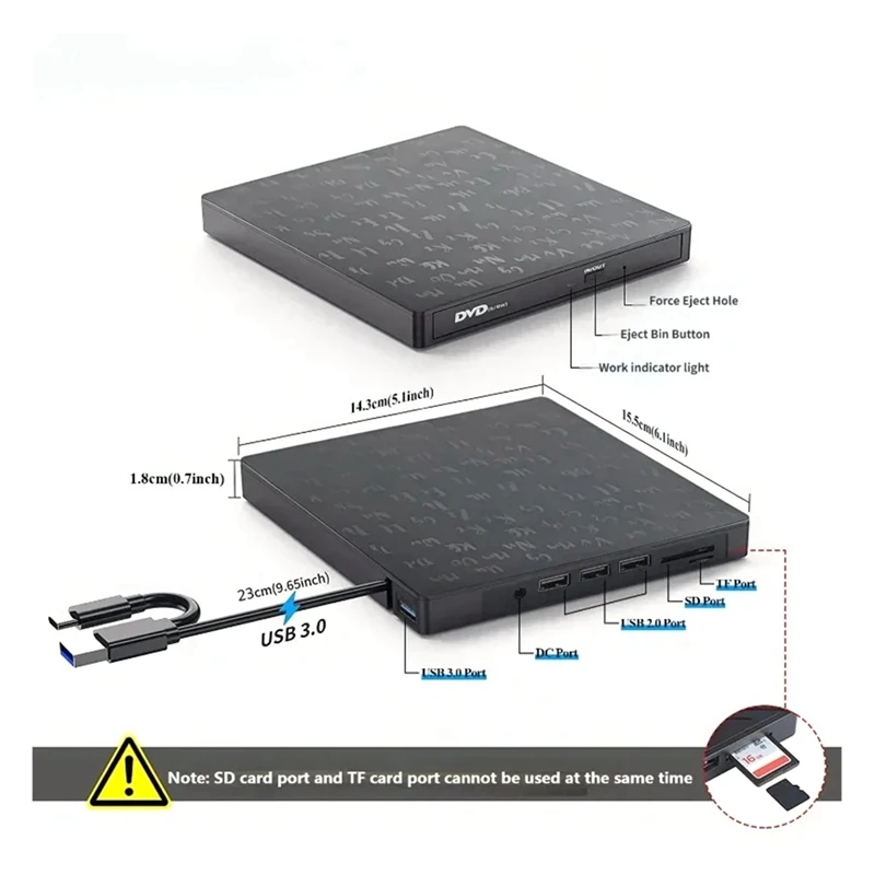 1 Piece 7-In-1 External CD/DVD Drive Burner Black Plastic With SD/TF & USB3.0 Slots Optical Drive For PC Laptop