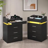 Black Nightstand Set of ,LED Night Stand with Charging Station & Pull-Out Tray,Bedside Table with Drawers, 1