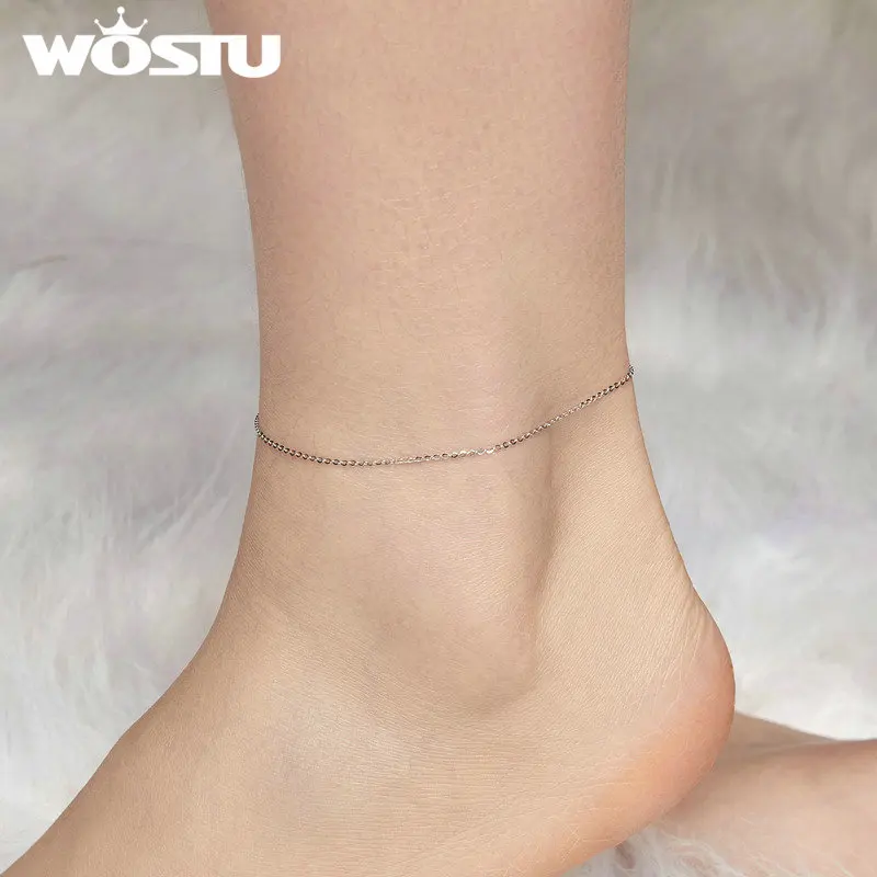 925 Sterling Silver Simplicity Sparkling O Adjustable Chain Anklet For Women Birthday Party Gift Fine Jewelry WOSTU Original