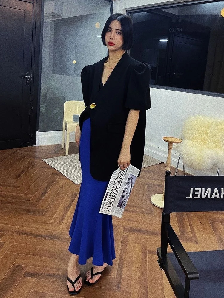 Loose Korean Sle Women's Suit Casual Versatile Bubble Sve V-Ne Button Summer Top Faion Commute Polyester