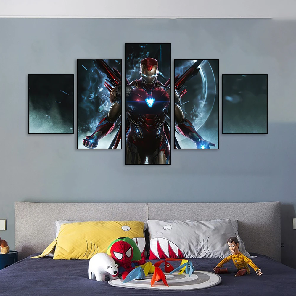 

Marvel Heroes Canvas Painting Iron Man Poster Five-picture Combination Art Decoration Mural For Modern Home Kids Room Wall Deco