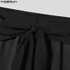 INCERUN Men Casual Long Pants 2024 Streamers Belt Mesh Splicing Trousers Hansome Male Wide Leg Bottoms Simple See Through Pants 5