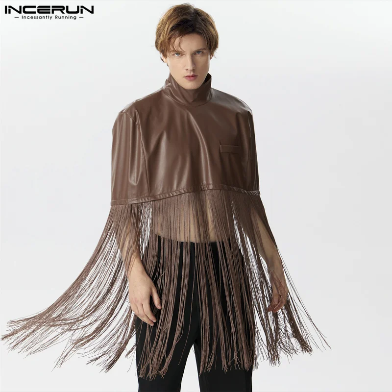 Handsome Well Fitting Tops INCERUN New Men Solid PU Leather Long Tassel Design Trench Casual Male Personality Cropped Cape S-3XL