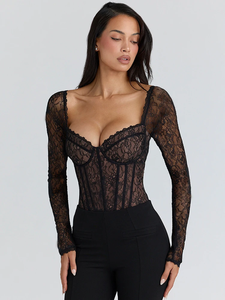 Mozision Lace Long Sleeve Backless Sexy Bodysuit Women Tops Black Square Collar Skinny Bodysuits T-shirt Club Party Bodysuit