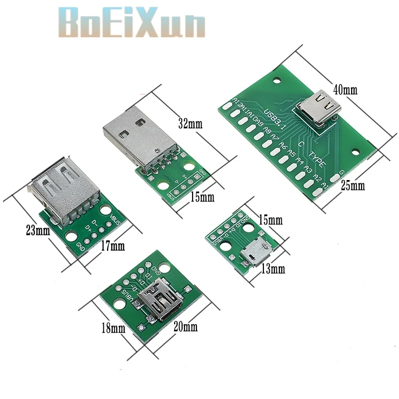 10pcs/ Micro Mini USB TYPE-C Male USB 2.0 3.0 3.1 Female  Connector Interface to 2.54mm DIP PCB Converter Adapter Breakout Board