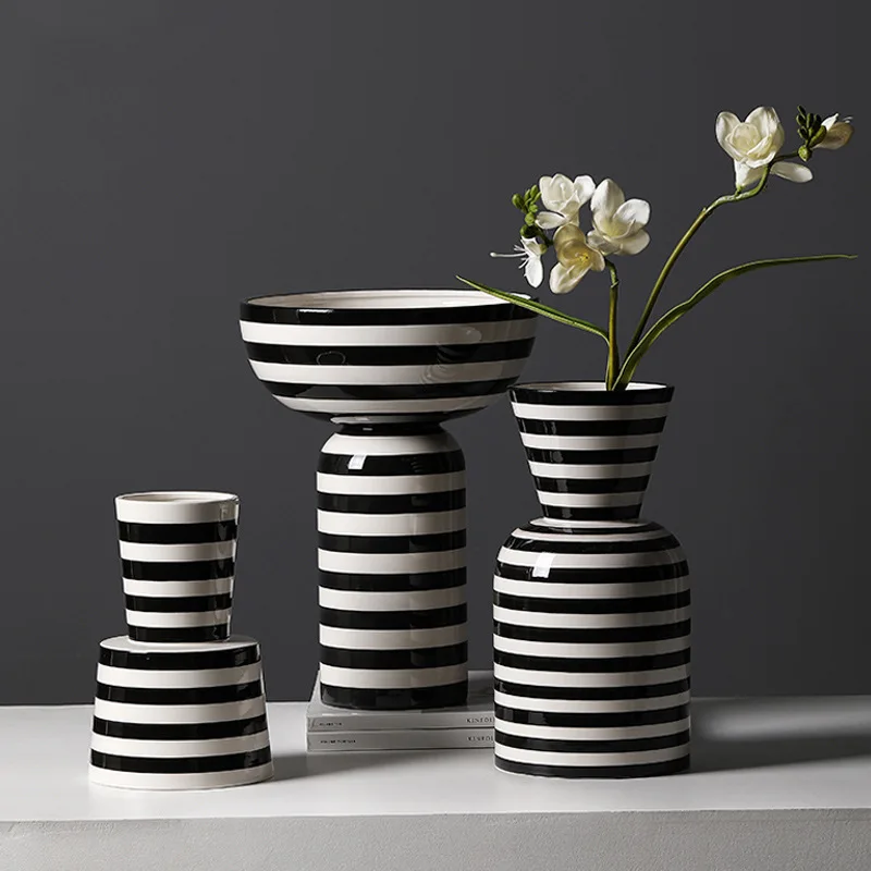 

Nordic art black and white striped ceramic vase decorations with circular flower inserts, creative living room and dining table