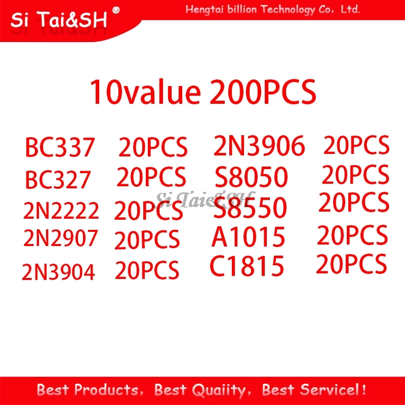 10value 200PCS BC337 BC327 2N2222 2N2907 2N3904 2N3906 S8050 S8550 A1015 C1815 Transistor Assortment Kit Transistors Box Pack