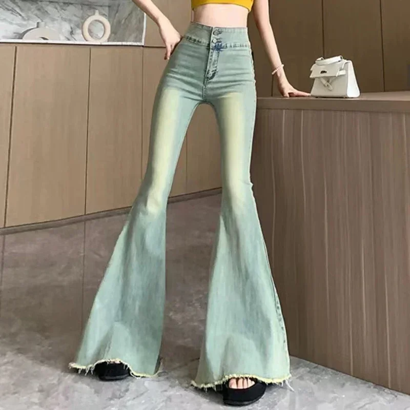 Vintage Raw Edge Flare Jeans Korean Women's High Waist Slim