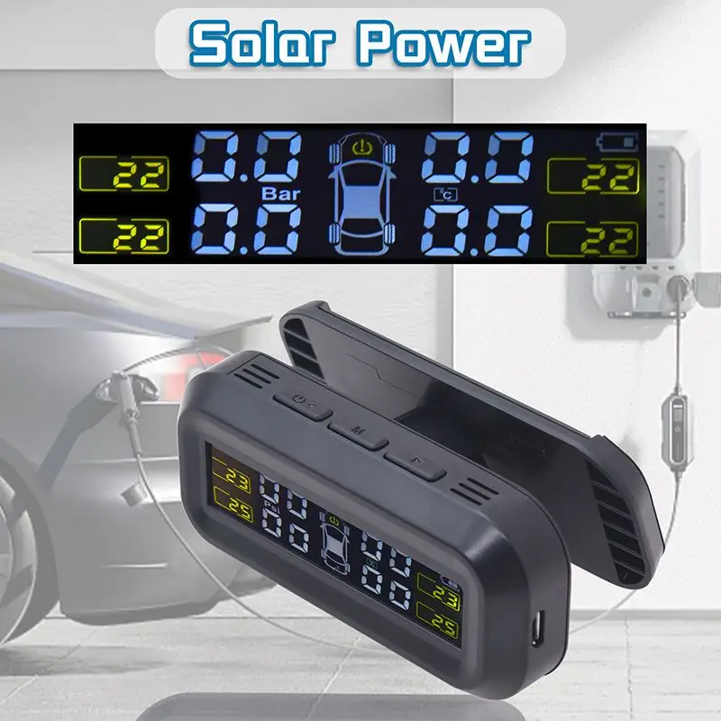 

TPMS Solar Power Car Tire Pressure Monitoring System 4 Sensors Temperature Warning Windshield Attaching Auto Driving Safety Kit