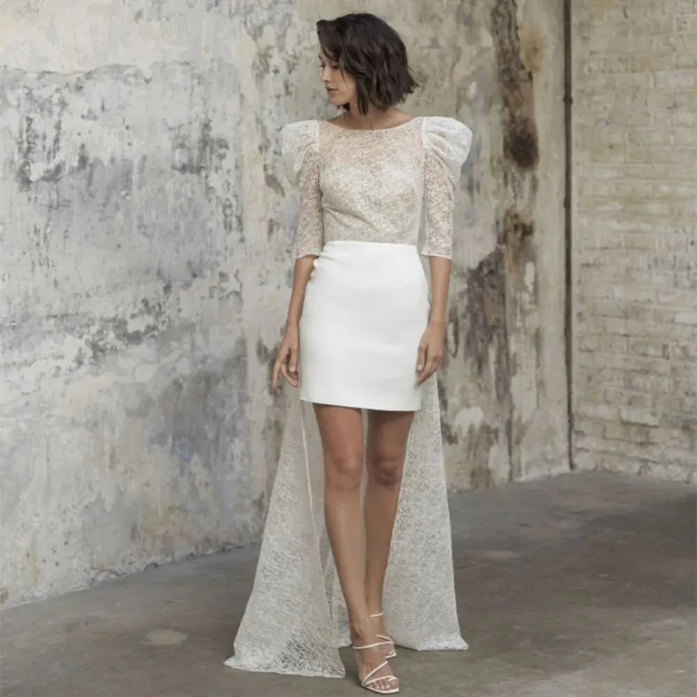 

Mini Short Lace Wedding Dress With Train Sheath Half Sleeve Simple O-Neck vestidos de novia Backless Bridal Gown Floor Length