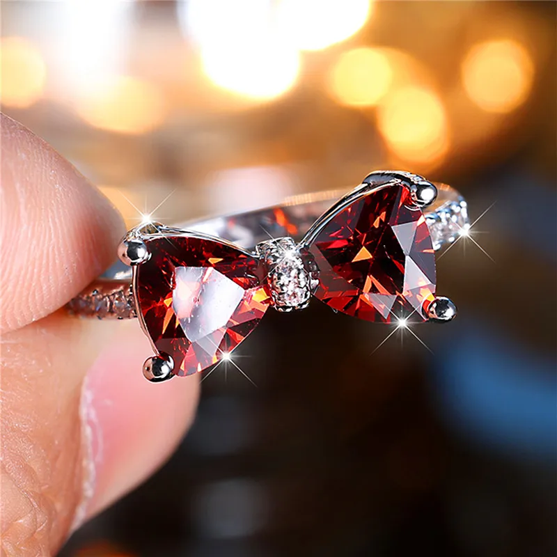 Luxury Female Rainbow Stone Bowknot Engagement Ring Trendy Silver Color Bride Wedding Jewelry Gift For Women