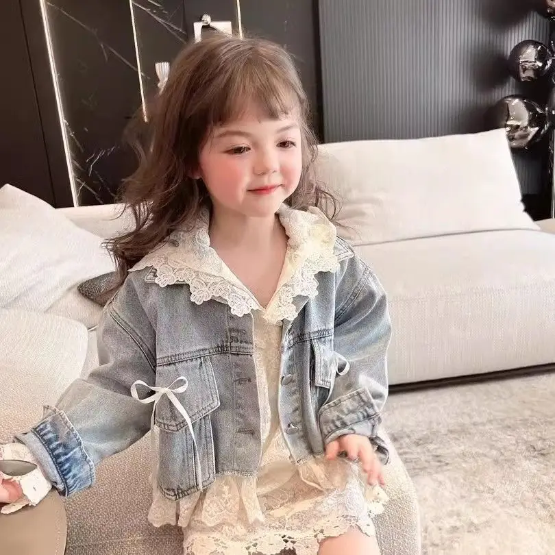 2025년 봄 가을 여아 데님 코트와 우아한 레이스 드레스 투피스 세트