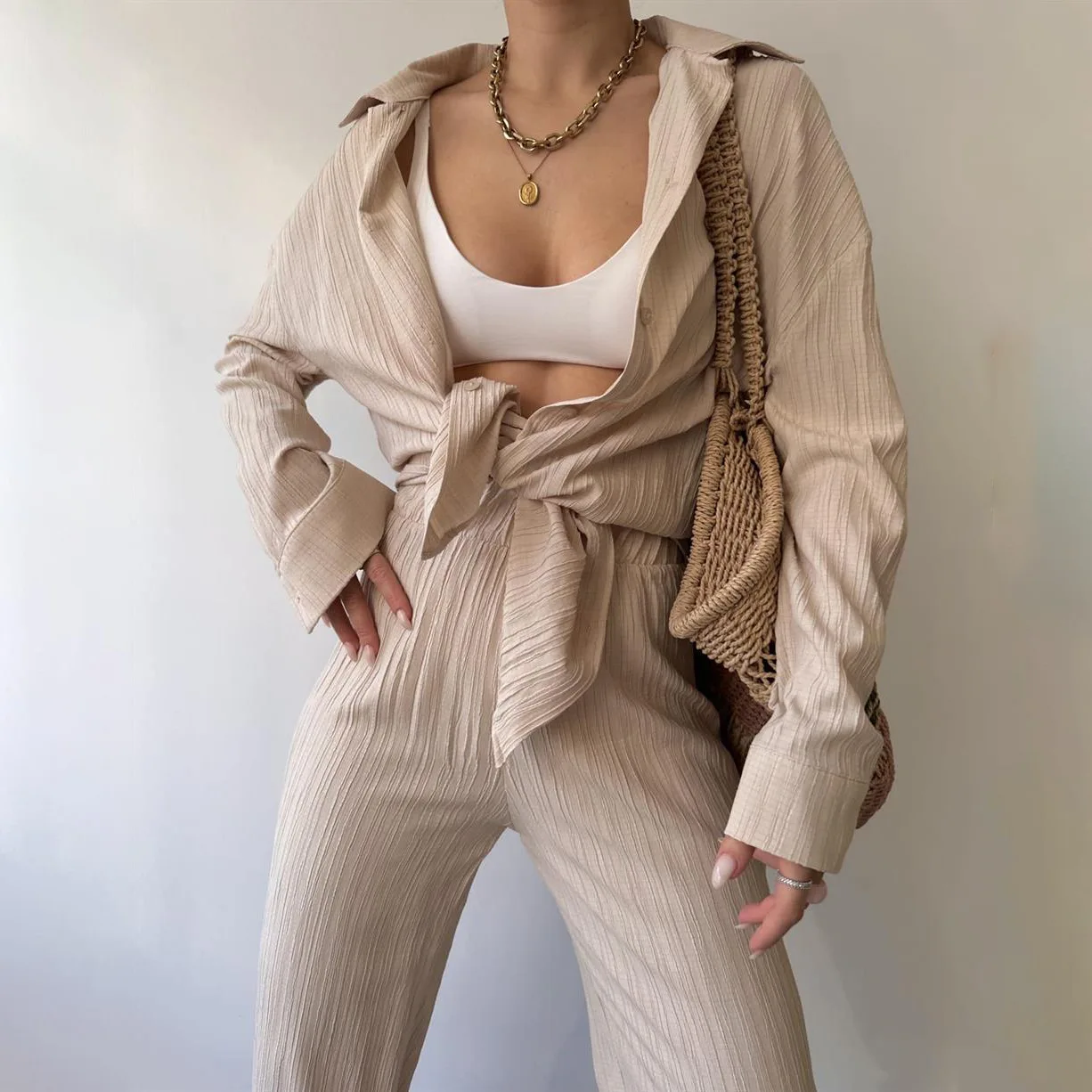 Women's Tracksuit Two Piece Sets Loose Long Sleeve Shirt Tops and Wide Leg Pants Elegant Suits 2022 Summer Casual Female Outfits