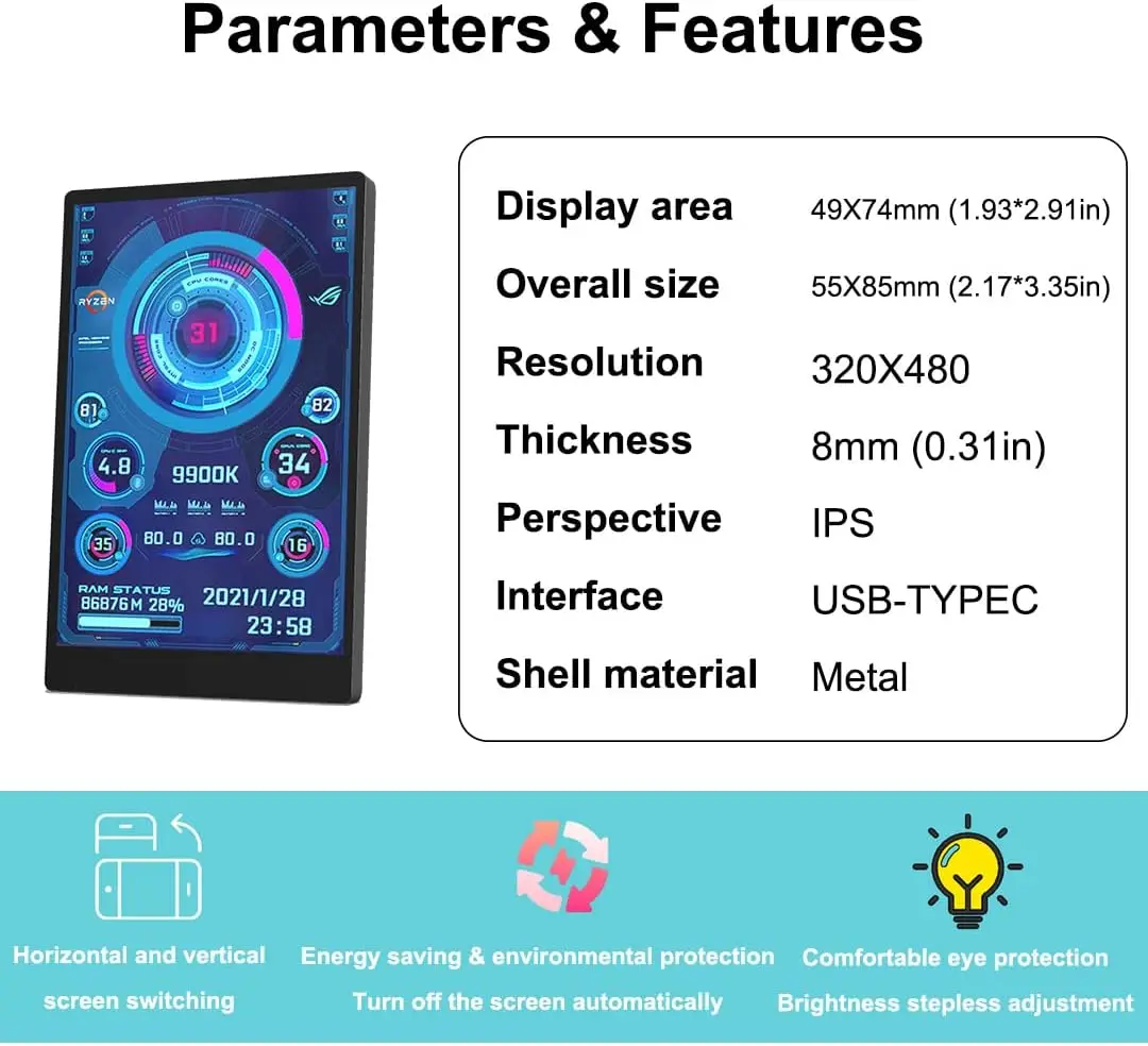3.5 ġ USB C Ÿ  ȭ, 3.5 ġ 320x480 IPS ü  ǻ ̴ PC µ CPU GPU RAM HDD ,  AIDA64