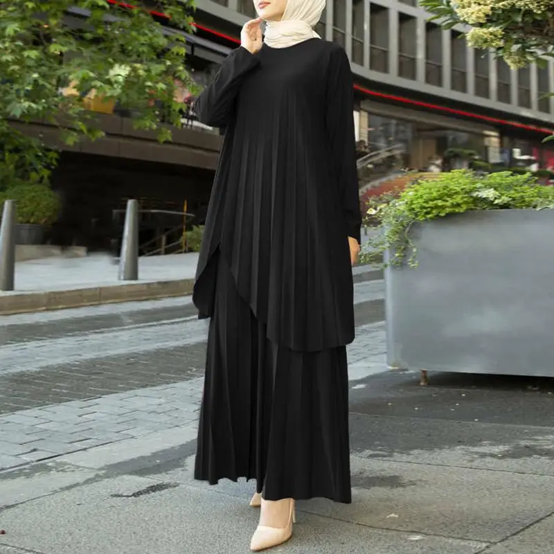 

Women's Muslim Sets Simple Pleated Round Neck Long Sleeve Fashion Loose Casual Top and Pants Two Piece Set Women