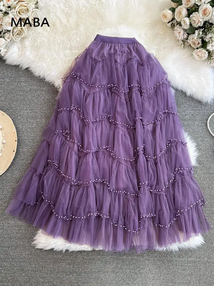 

Fashion Mesh Beading Long Skirt Women Spring Autumn Elastic Waist Solid Color Elegant Sweet Korean Party Midi Skirt Ladies 2024