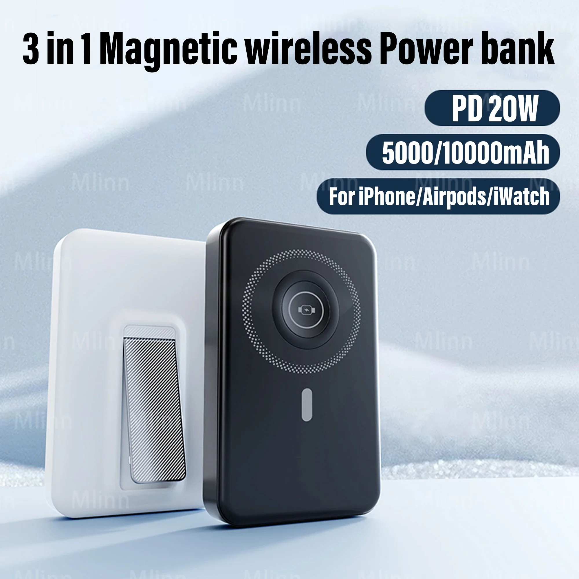 10000mAh Magnetic Wireless Power Bank 3 in 1 Portable Auxiliary Battery PD20W MagSafe Powerbank For iPhone 16/15/14/13/12 Watch 6