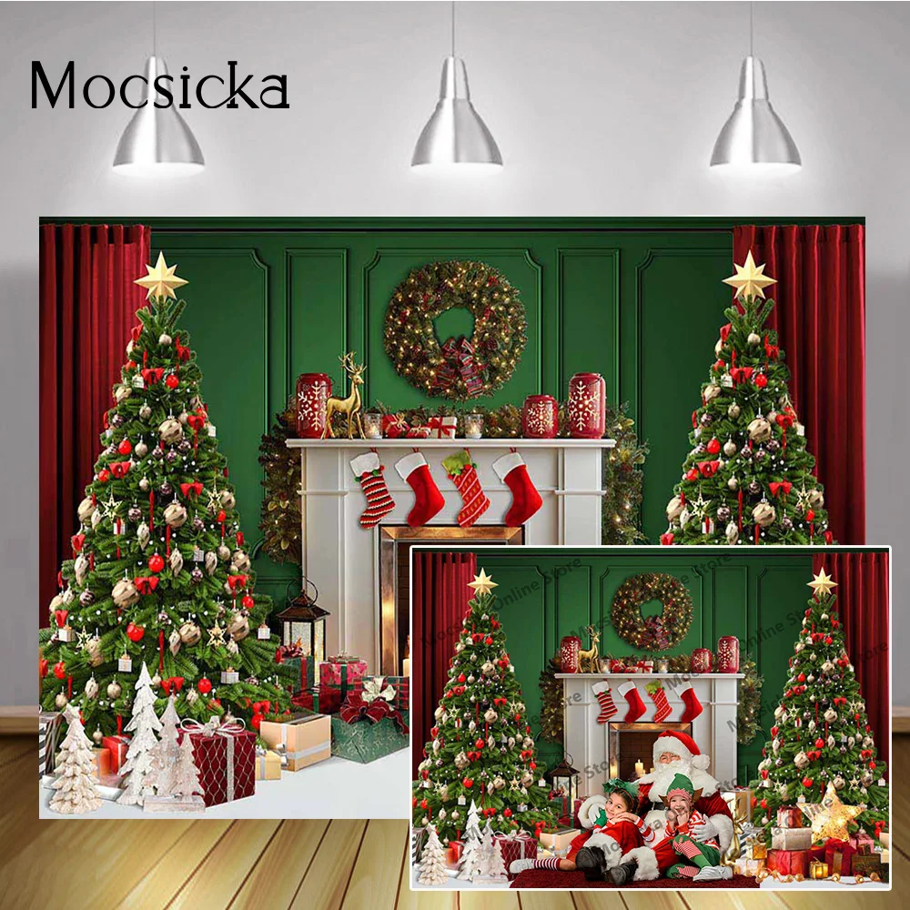

Christmas Green Wall Portrait Photo Backdrops Indoor Winter Fireplace Socks Background Red Curtain Xmas Trees Gifts Party Props