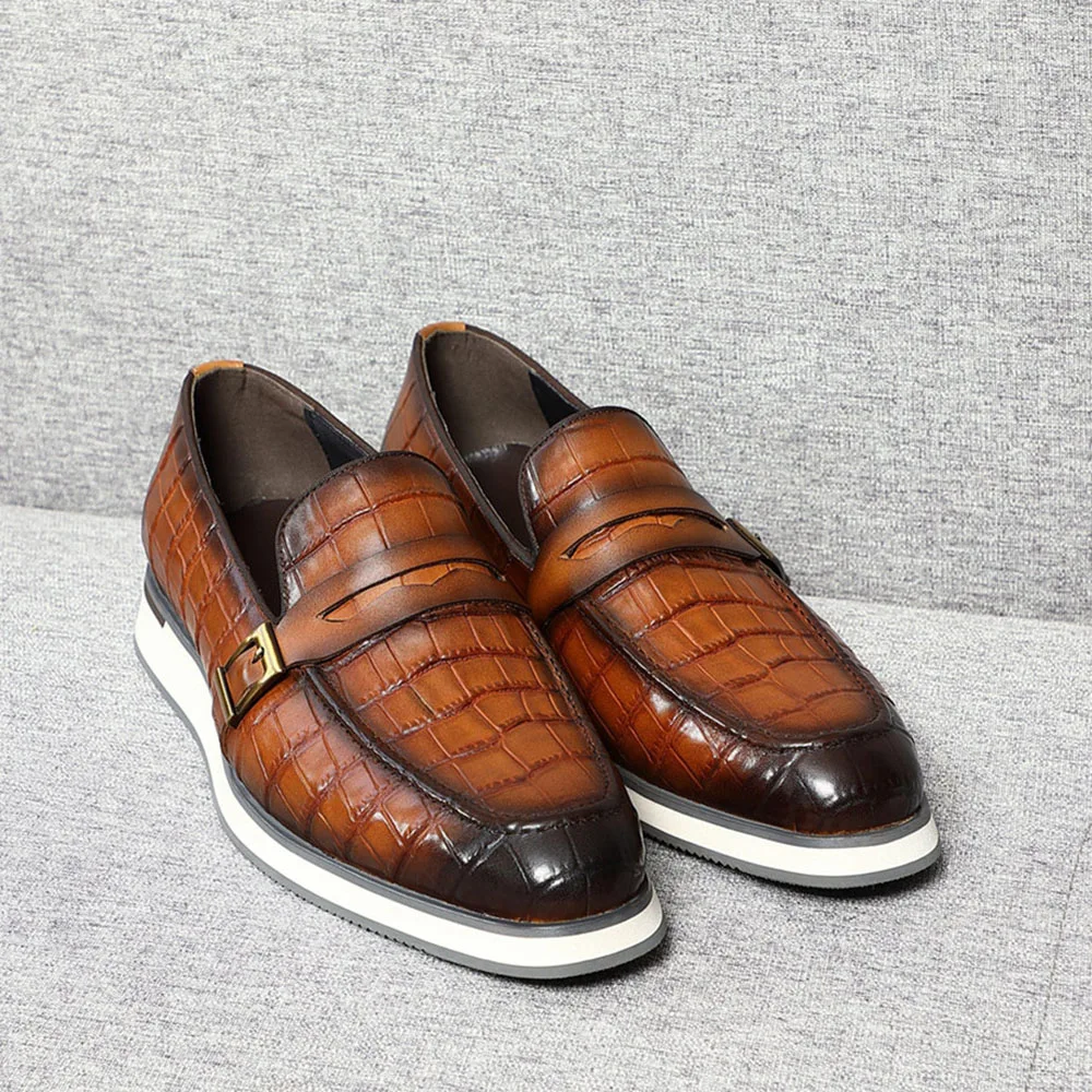 

Real Natural Cowhide Leather Penny Loafers 2023 Spring Autumn Elegant Men Buckle Crocodile Print Casual Party Leather Flat Shoes