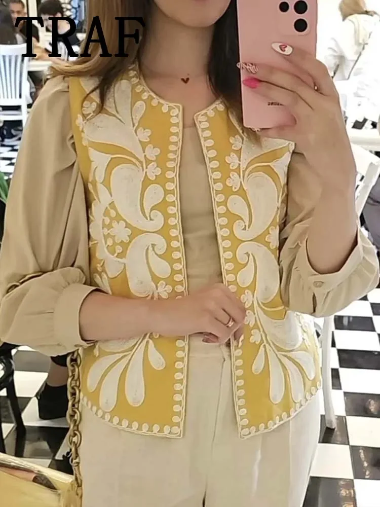 TRAF 2024 Women Vintage Floral Embroidery Short Vest Jacket Ladies National Style Vests for Women Casual Chic WaistCoat Tops 5