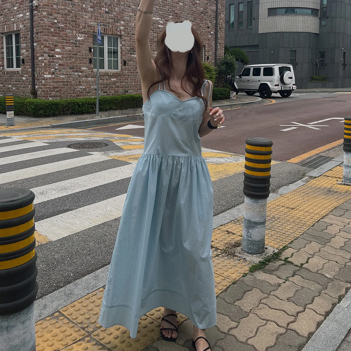 

Корейское шикарное французское милое летнее платье на бретельках с открытой спиной, новое облегающее дизайнерское длинное платье-майка со снижением возраста