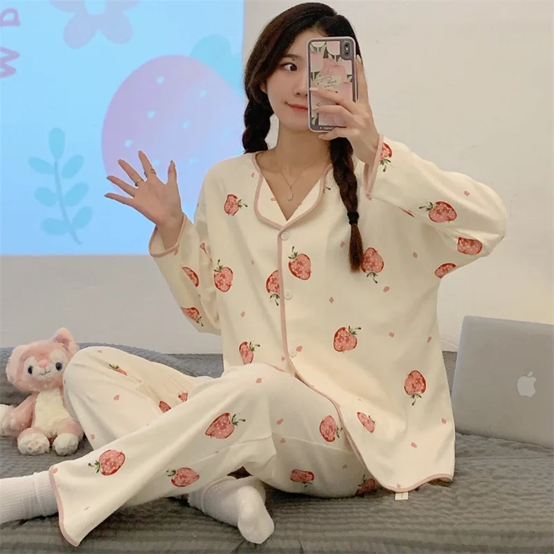 Spring Autumn Women's Milk Silk Pajamas Long Sleeve Cardigan Pants Loose Casual Home Clothing Set Cartoon Cute Sweet Sleepwear