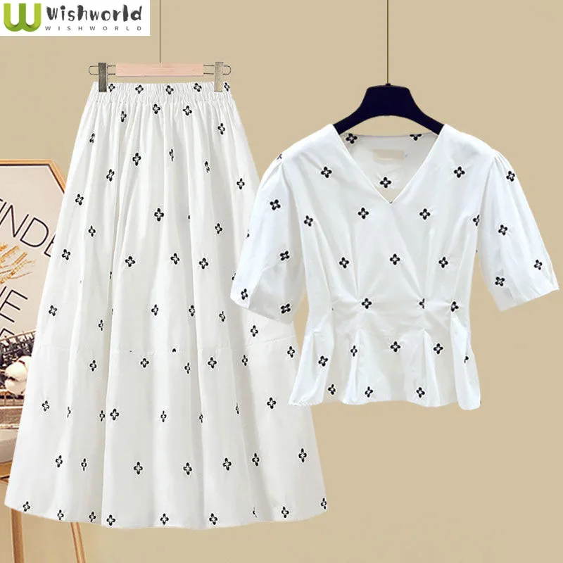 

Summer Women's Suit 2022 New Korean Fashion Slim Print Shirt Women's Casual Skirt Two Piece Elegant Women's Skirt Suit