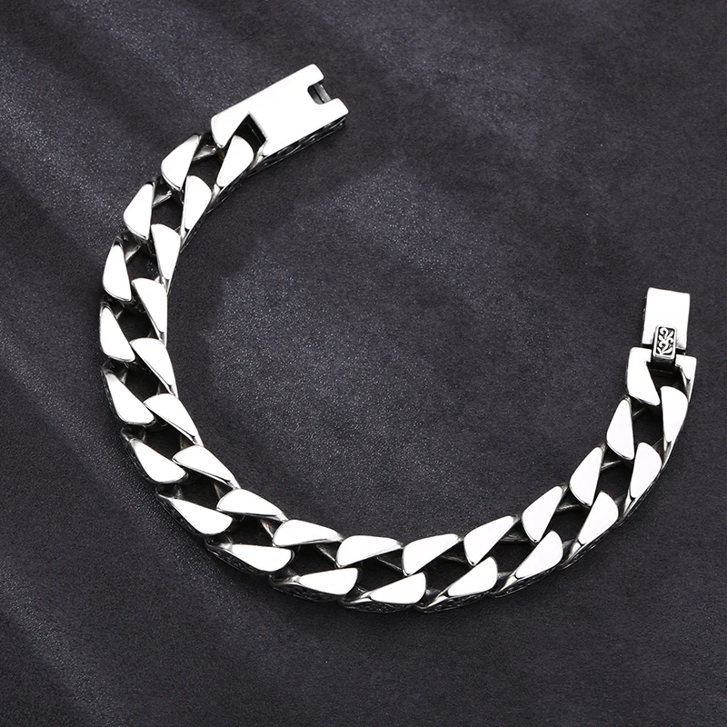 ZABRA Simple Men's S925 Silver Retro Bar Chain Old Tang Grass Pattern Bracelet Popular Fashion Retro Jewelry 4