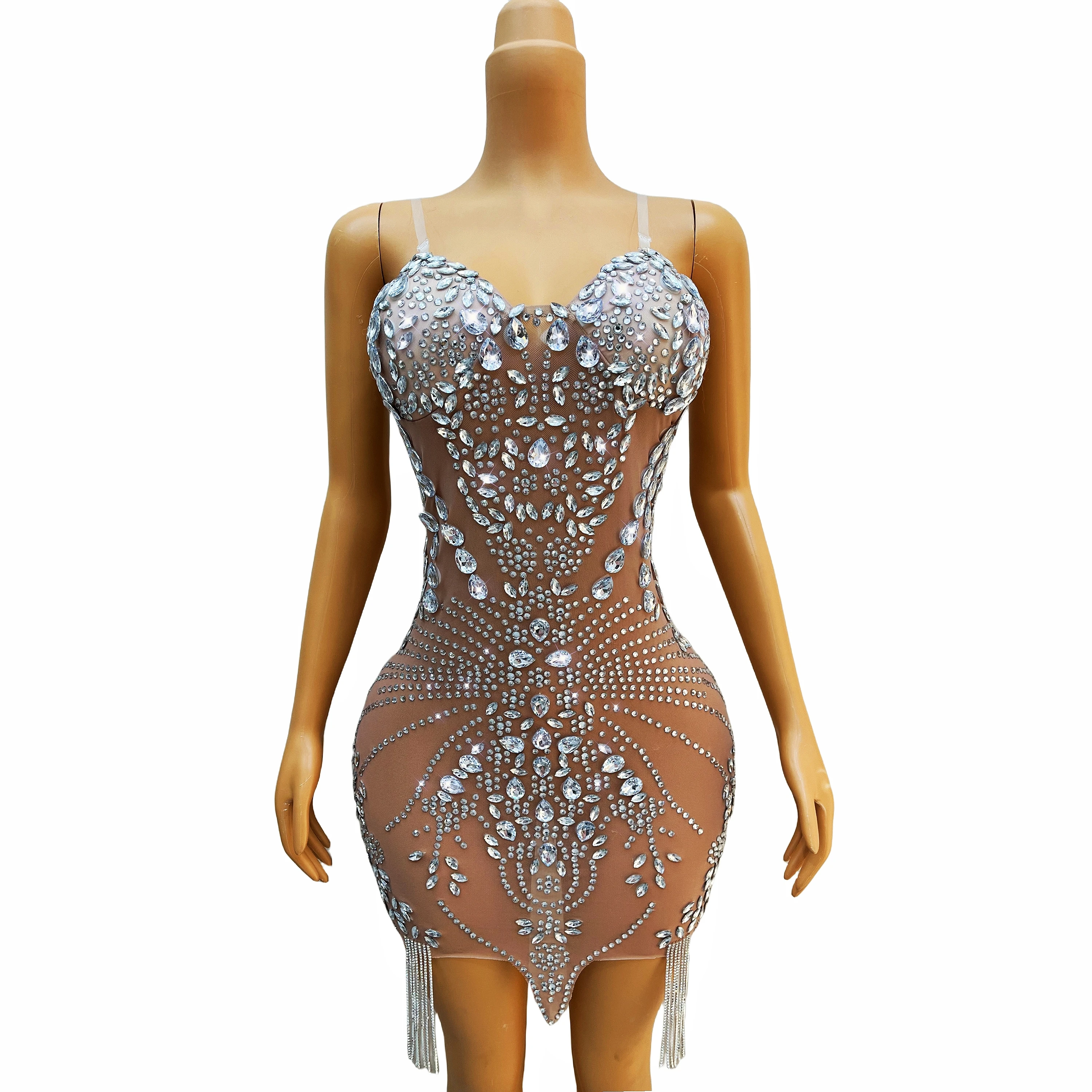 

Shining Silver Rhinestones Fringes Transparent Dress Evening Birthday Celebrate Stretch Outfit Sexy Costume Crystals Dress pipa