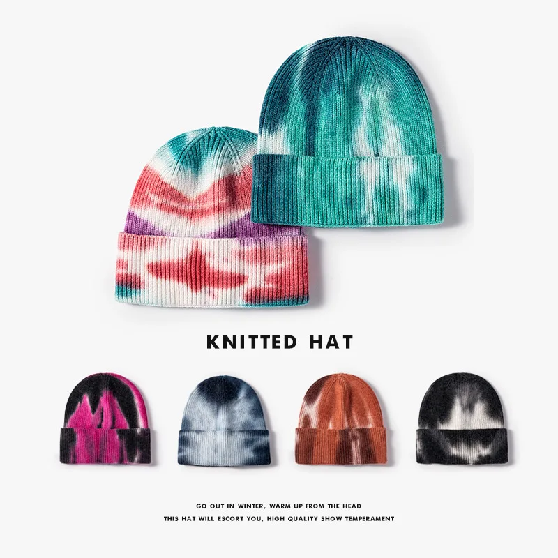 

Autumn and Winter Boys and Girls Tie-Dye Knitted Hat Women Outdoor Hip Hop Warm Brimless Cold Hat Men's Woolen Hat Wholesale