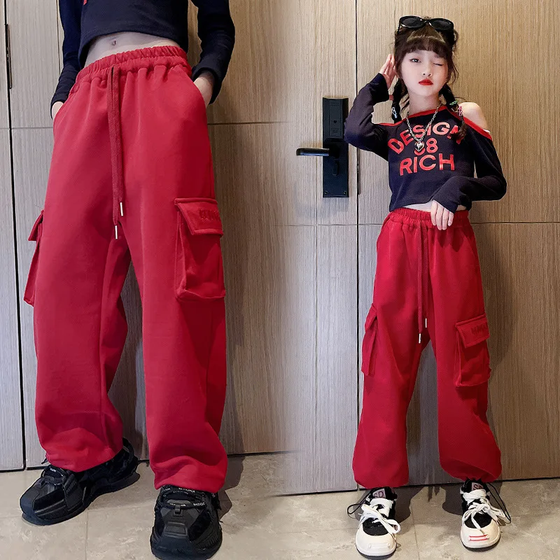 Streetwear Red Cargo Pants for Girls New Fashion Spring Autumn Hip Hop  Trousers Kids Sweatpants Joggers Pants 4 6 8 10 12 14Yrs - AliExpress