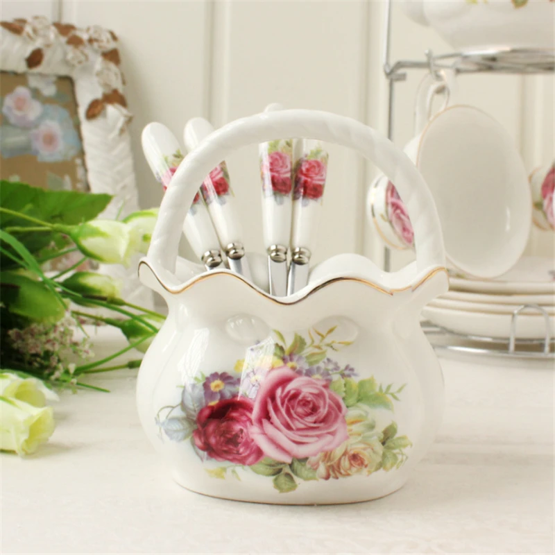

5pcs European Ceramic Stainless Steel Spoon Teaspoon Spoon Luxury Gift WIth Lace Basket For Cafe Shop Home