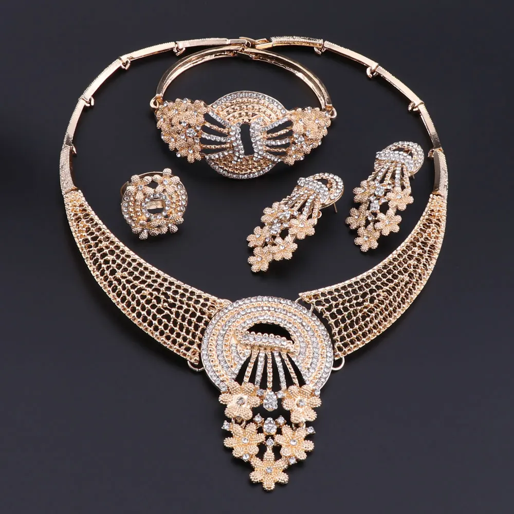 Fashion African Beads Crystal Jewelry Set Brand Dubai Gold Color Jewelry Sets Nigerian Wedding Bridal Necklace Earrings Set