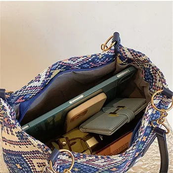 حقيبة حمل قماشية عصرية على الطراز العرقي، حقيبة يد ذات سعة كبيرة، حقائب كتف أنيقة لحجب الألوان للاستخدام اليومي للنساء 4