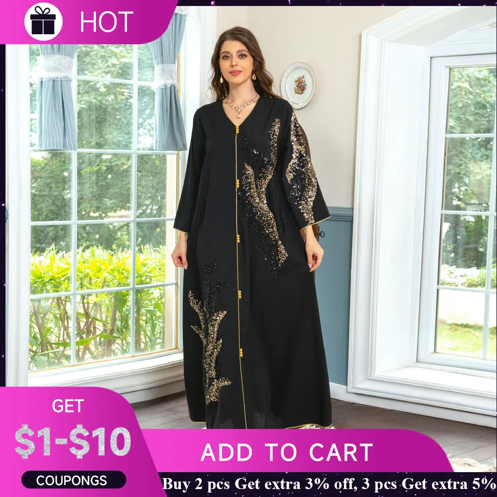 Abaya for Women Morocco Arab Dubai Muslim Women's Long Sleeve Spliced Beaded Embroidered Loose fitting Dress Clothing