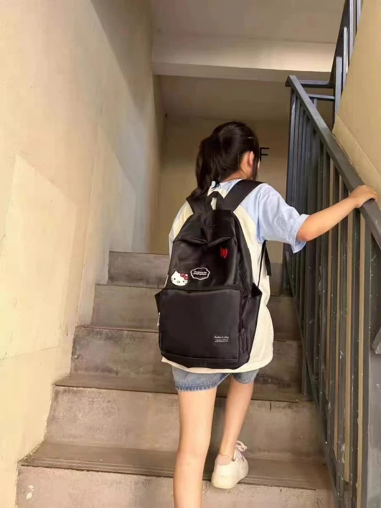 SanrioHello KittyBackpack Cute Kawaii Anime SchoolBag Black Embroidery Large Capacity Fashion School Bag Harajuku Gift for Women