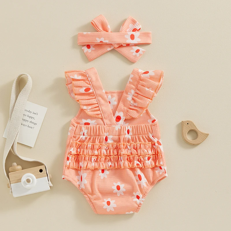 

Baby Girls Summer Casual Romper Orange Flying Sleeve Daisy Print Romper with Headband