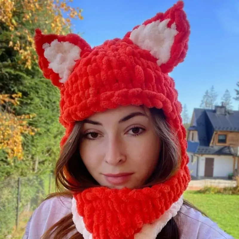 Combhasaki Women's Y2K Hooded Scarf Hats Cute Animal Ears Knitted Pullover Balaclava Winter Warm Beanie Cap for Cold Weather 3