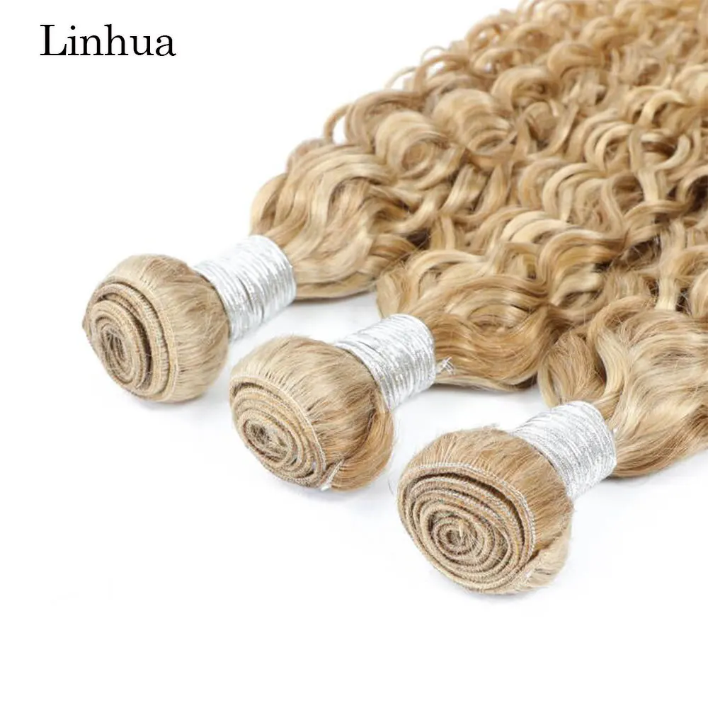 Linhua Water Wave P27/613 Human Hair Bundles 8 to 30 Inch Curly Human Hair HIghlight Blonde Machine Made Double Weave Weft 4