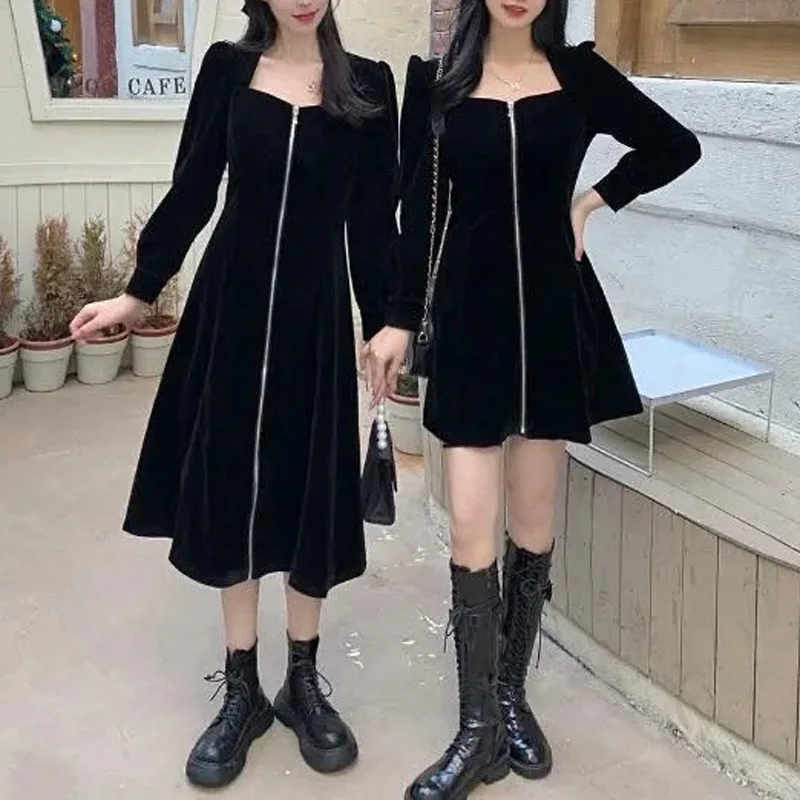 

2023 New Spring and Autumn Simple Square Neck Zipper Long Sleeve Underlay Slim Oversize Solid Color Mid Length A-line Dress