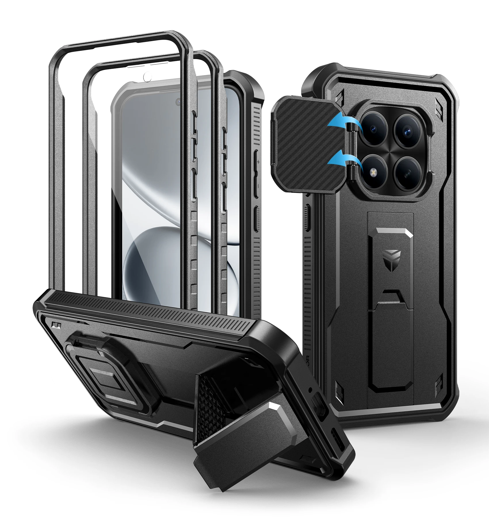 Shockproof Bumper Protective Case with Built-in Sliding Camera Cover, Screen Protector, and Kickstand