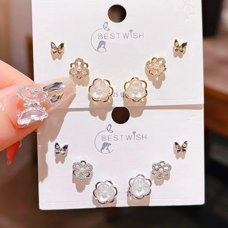 6Pcs/set Tiny Flower Butterfly Zircon Stud Earrings Sets for Women 2024 New Trend White CZ Earrings Fashion Jewelry Sets