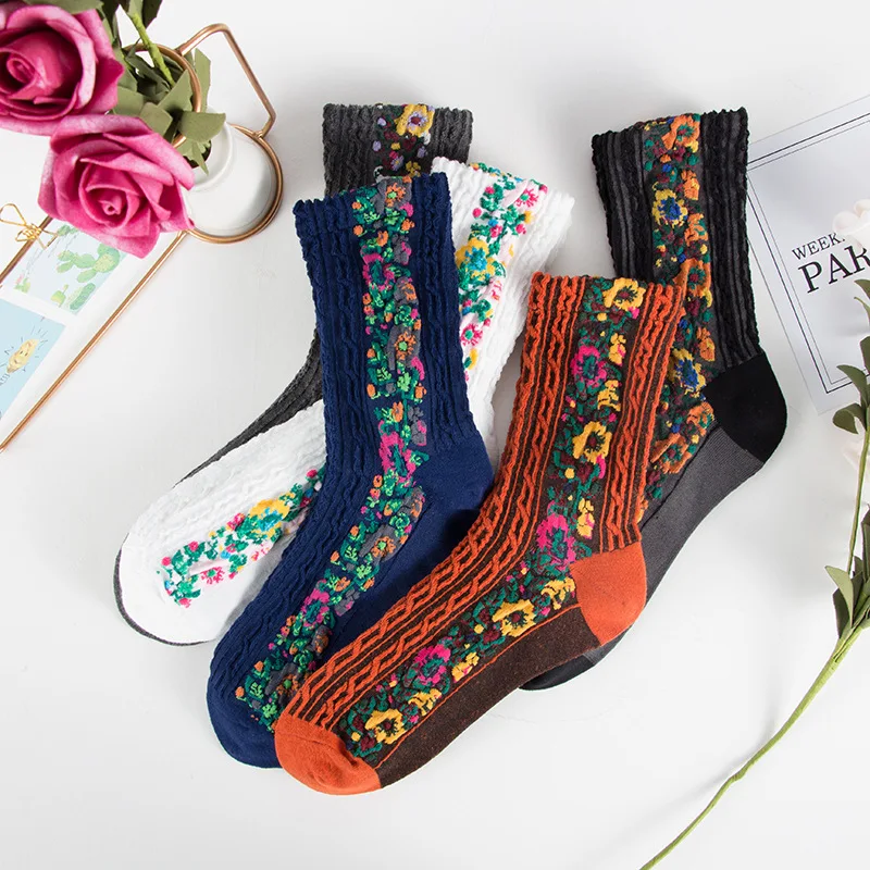 Mode Harajuku Retro Frau Floral Vintage Socken Neuheit Ethnische Druck Kawaii Nette Baumwolle Casual Atmungsaktive Damen Mädchen Lustig – Detail 4